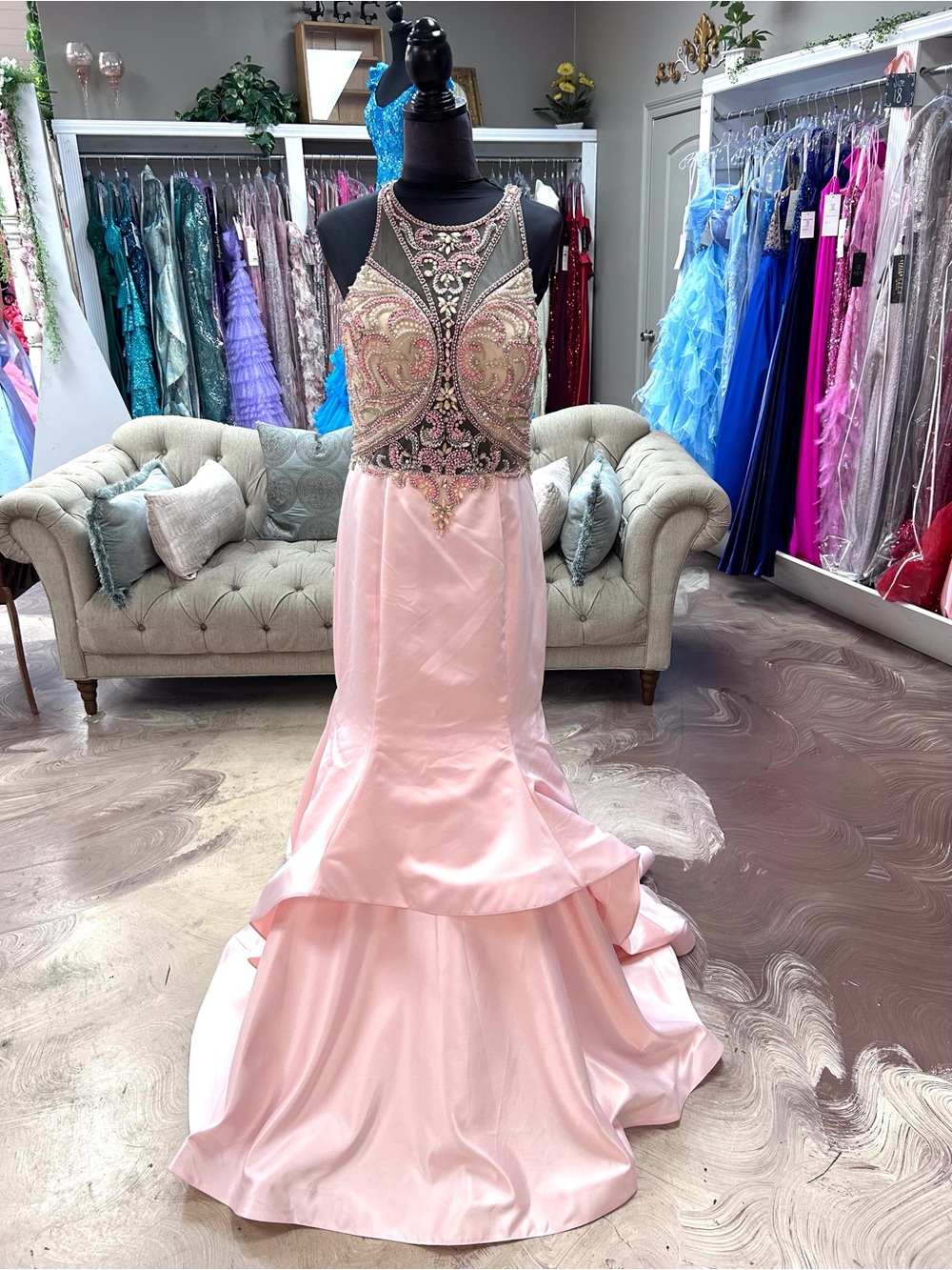 Embellished Pink Prom Gown with Beaded Bodice